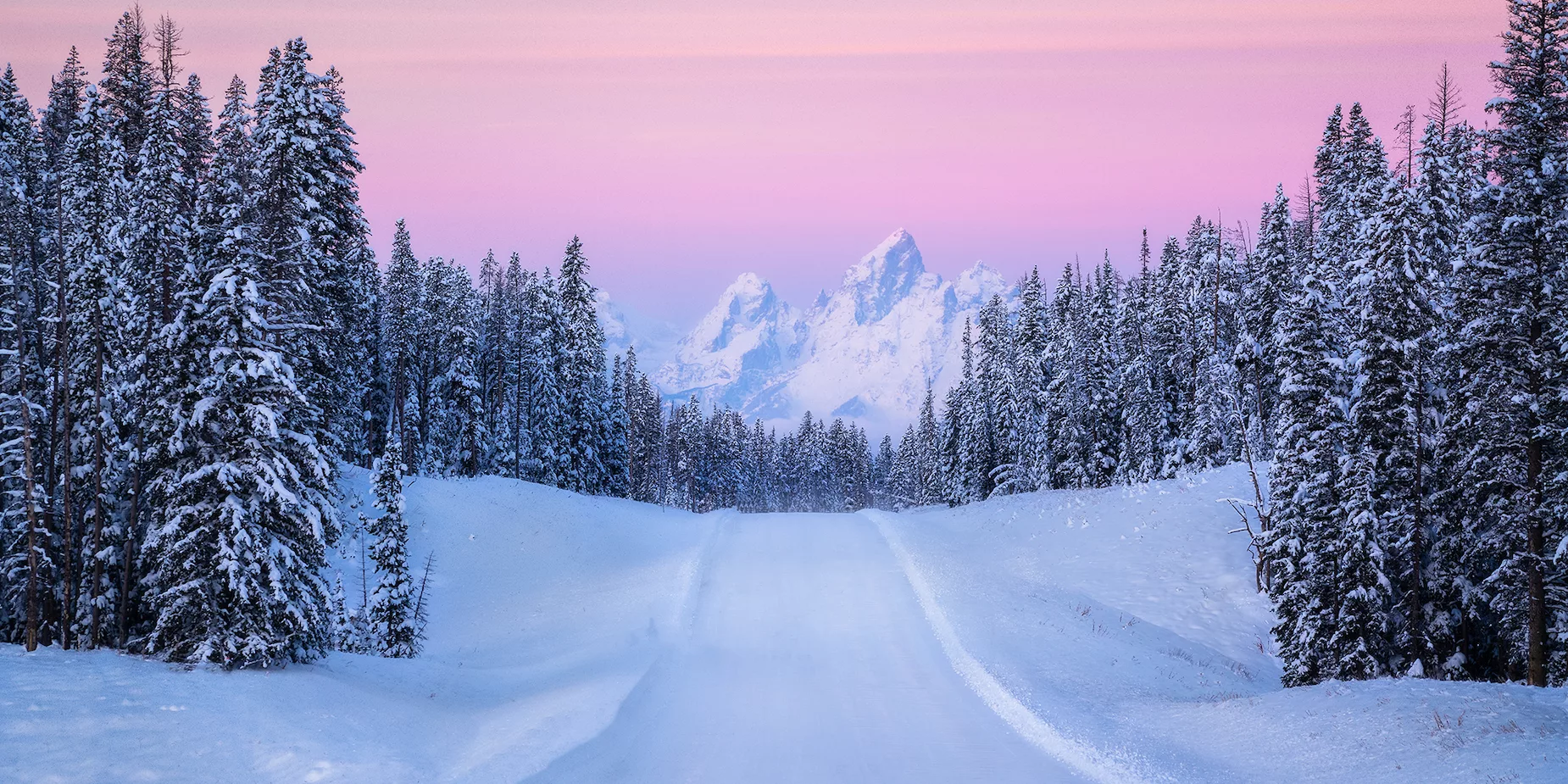 View of Tetons from Snow-Covered Road in Winter